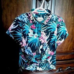 Harlow Colorful Tropical Print Button-Up Shirt With Front Tie